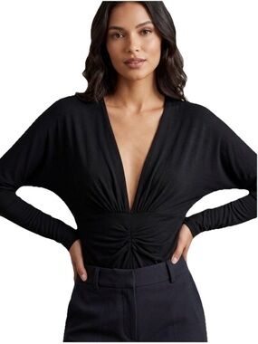 ASTR Ruffled V Neck Bodysuit Women’s Black Size Small